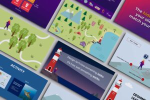 Collage of angled presentation slides from a story-themed webinar deck, showing an illustrated island map with mountains, forest, and lighthouse, a person walking through a forest labelled with learning obstacles, a lighthouse night scene reading "Design isn't how something looks, it's how well something works," a mountain path with numbered steps, a premium perception quadrant chart, a client logo banner, an activity slide about sea turtle life cycles, and other themed title and content slides.