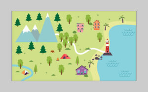 Illustrated map showing mountains, a forest, a winding path, houses, a river, and a lighthouse by the coast, representing the stages of a learning journey.